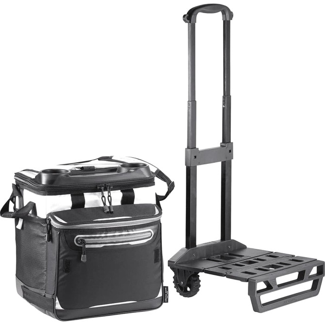 A black rolling cooler with a handle and wheels, featuring a detachable base for easy transport.