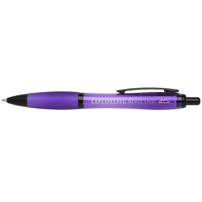 A purple pen with a black clip and a branding logo. The design features a sleek body for comfortable writing.