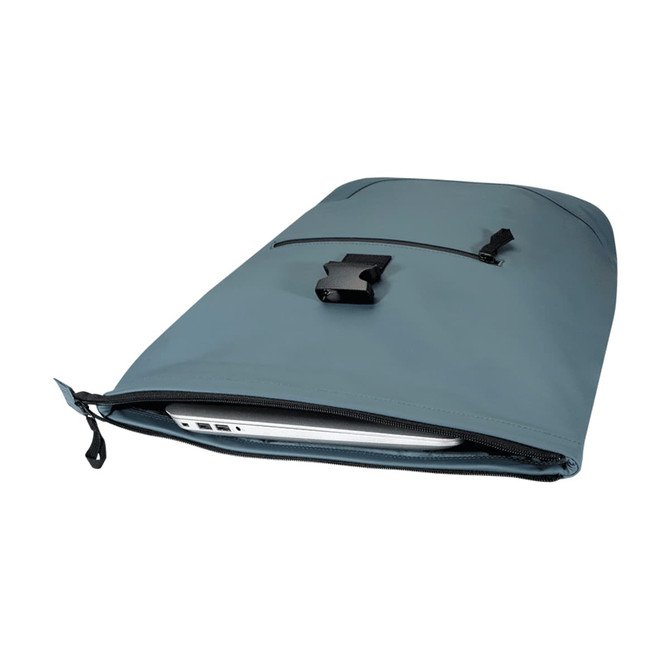 A blue roll-top backpack with a zippered compartment and a clip, featuring a laptop inside. It has a logo on the exterior.
