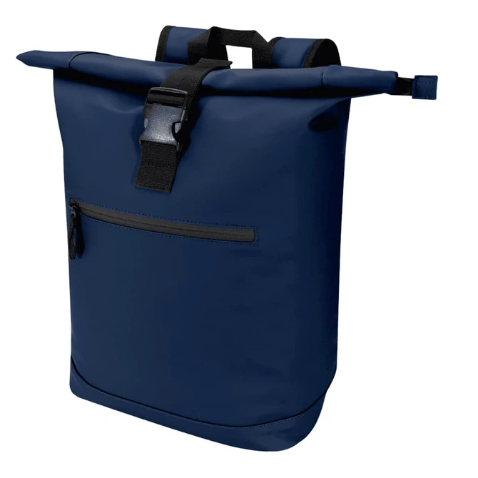 A navy blue roll-top backpack with a front zip pocket and adjustable straps. It features a logo on the side.