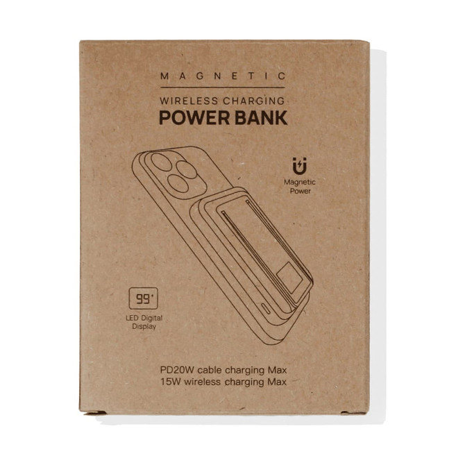A brown cardboard box featuring a magnetic wireless power bank with a phone stand. The box includes an LED digital display.