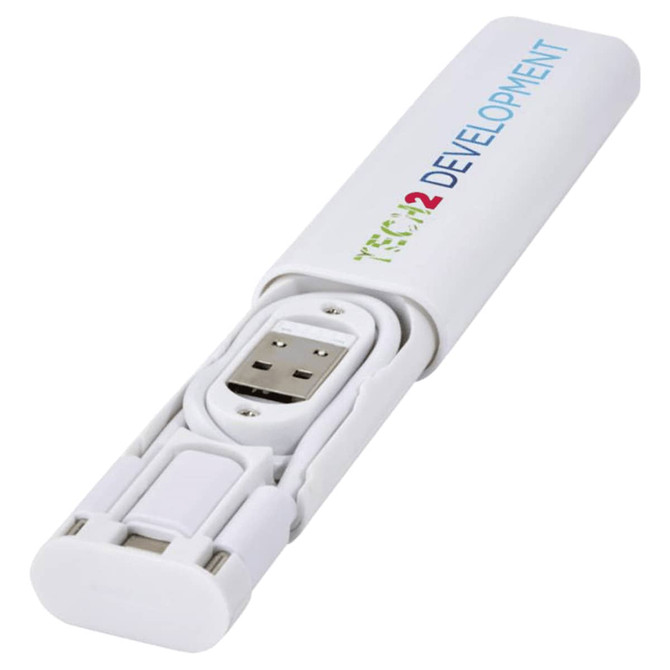 A modular charging cable in white with a logo, featuring retractable connectors for different devices.