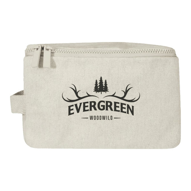 A cream toiletry organiser with a zip closure and a logo featuring trees and antlers.