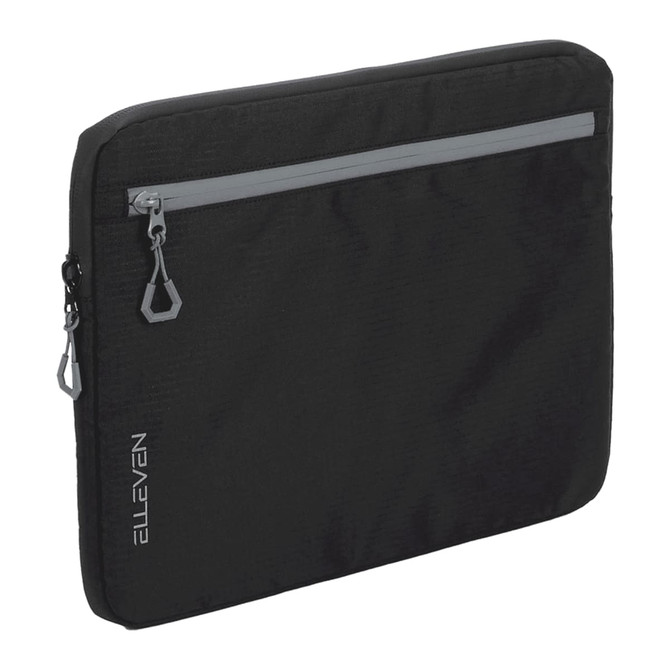 A black laptop sleeve with a zippered front pocket and a logo, designed for a 16-inch laptop.