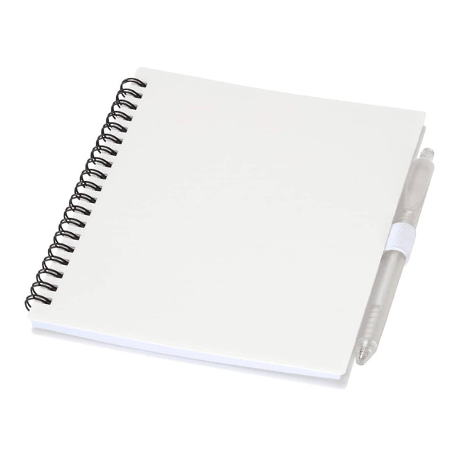 A white spiral-bound journal with a clear pen attached. The journal features a blank cover and has a branding logo.