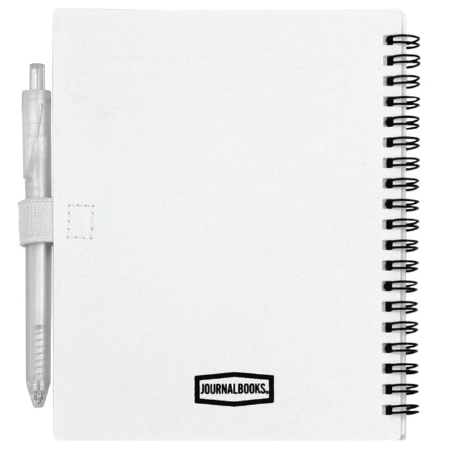 A white recycled PP journal with a spiral binding and a matching pen attached. The journal includes a logo.