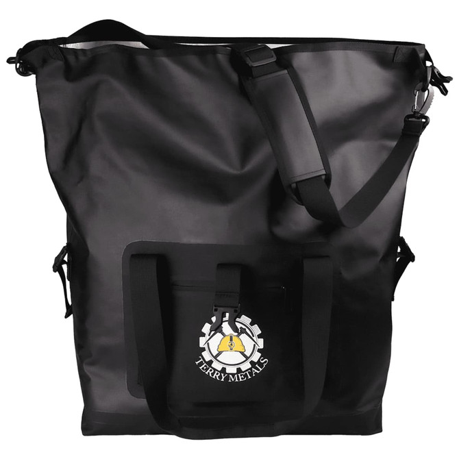 A soft roll-top cooler in black with a shoulder strap and a front pocket featuring a logo.