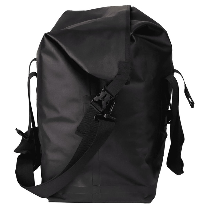 A black roll-top cooler with adjustable straps and buckles, featuring a sleek, waterproof design.