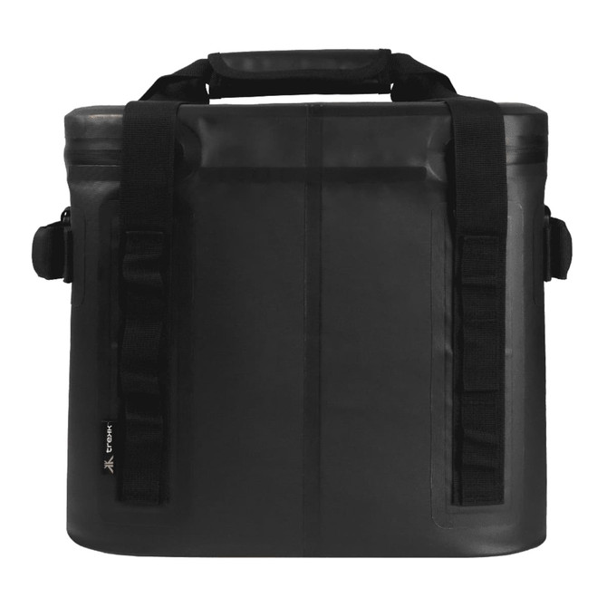 A soft-sided cooler bag in black, featuring sturdy handles and adjustable straps, designed to hold 24 cans.