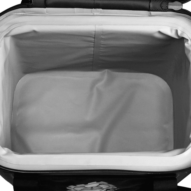 A soft-sided cooler in black with a white interior, featuring a roomy, empty compartment. It has a branded logo.