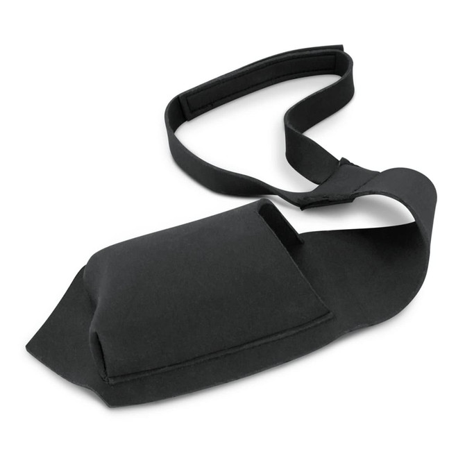 A black beverage tie designed to hold a drink bottle, featuring a strap for easy carrying.