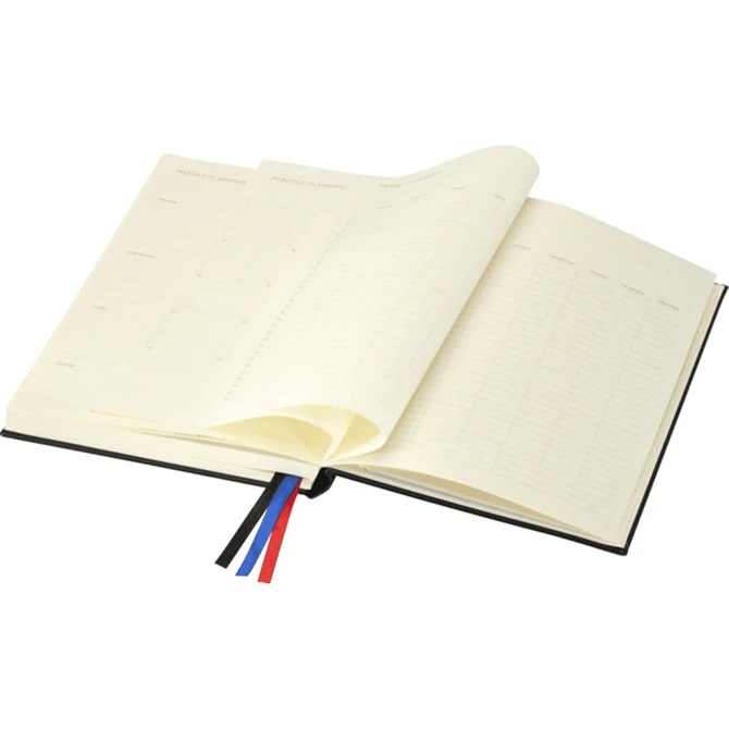 A black diary with cream pages, featuring ribbon bookmarks in blue, red, and black. It has a logo on the cover.