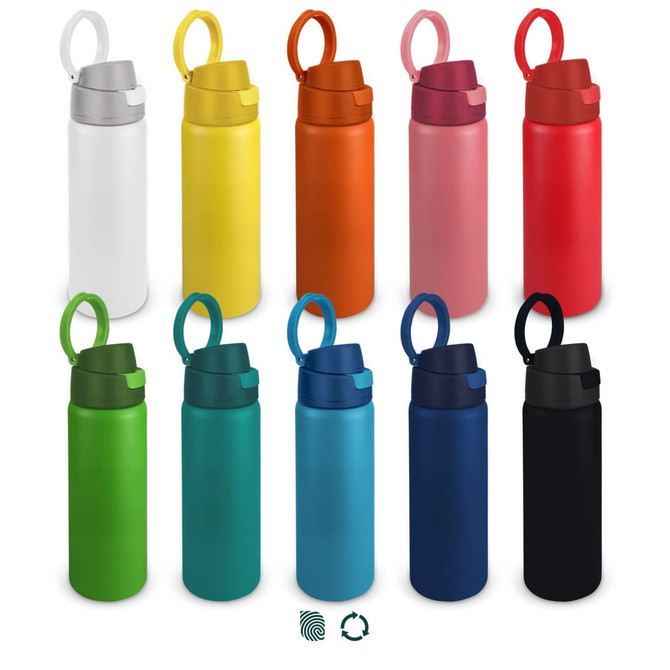A range of Spyro Vacuum Bottles in various colours, including white, yellow, orange, pink, red, green, blue, and black. Each has a lid and a carrying loop.