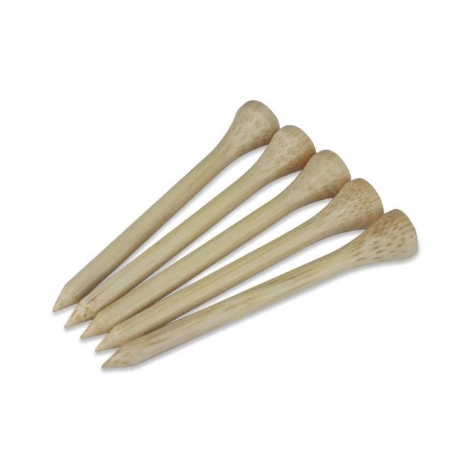 A set of five wooden golf tees, each with a tapered point and a wider base, arranged side by side.