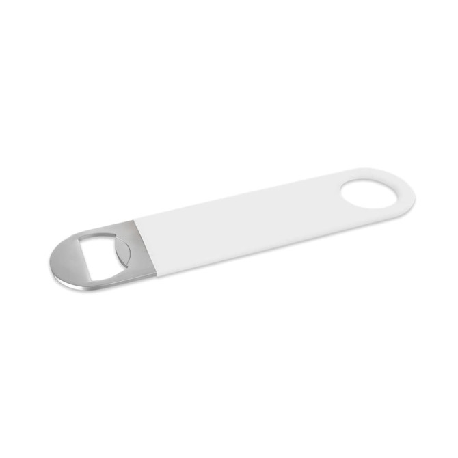 A drink bottle opener in white with a stainless steel end and a round handle. Features a logo.