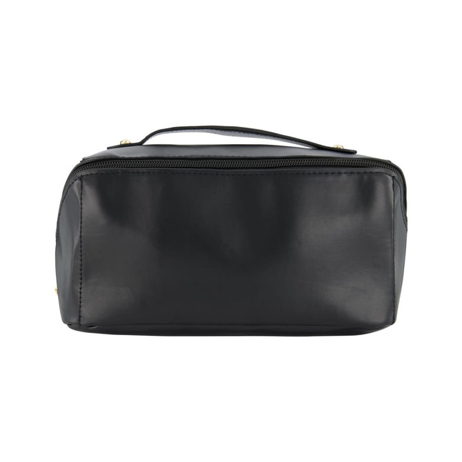 A black toiletry bag with a zip closure and a carrying handle, featuring a logo on the front.