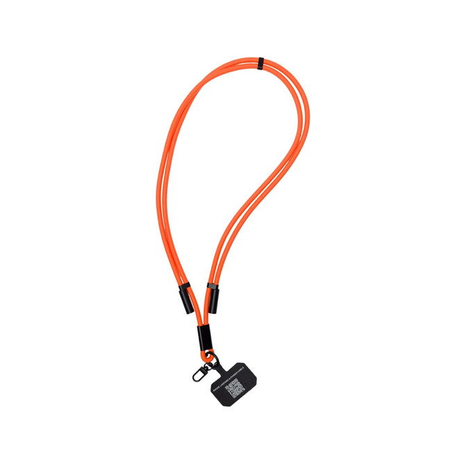 An orange phone lanyard designed for easy carrying, featuring a black attachment point at the bottom.