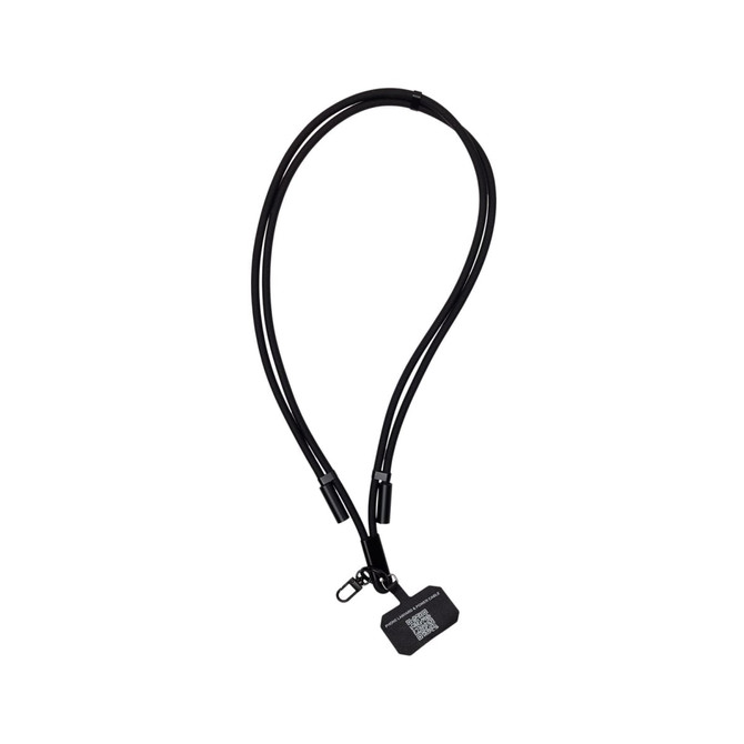 A black phone lanyard designed for easy carrying and access, featuring a clip attachment for securing a phone or device.