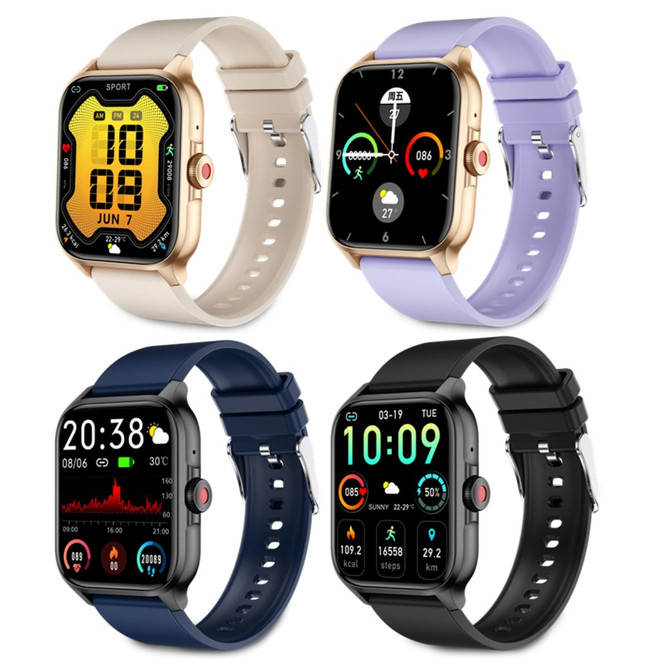 A set of four smartwatches in gold, purple, navy, and black with various digital displays and sport-style straps.