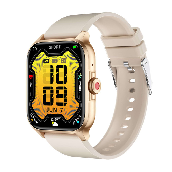 A gold smartwatch with a rectangular screen and a light beige strap, displaying various health metrics and time.