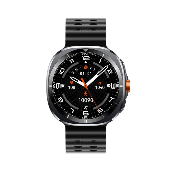 A black smart watch with a round face, featuring a silver bezel and orange button, displaying various icons and numbers.