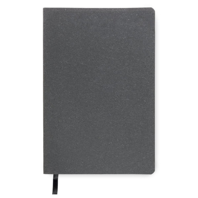 A grey notebook with a textured cover and a black ribbon bookmark, featuring a logo on the front.