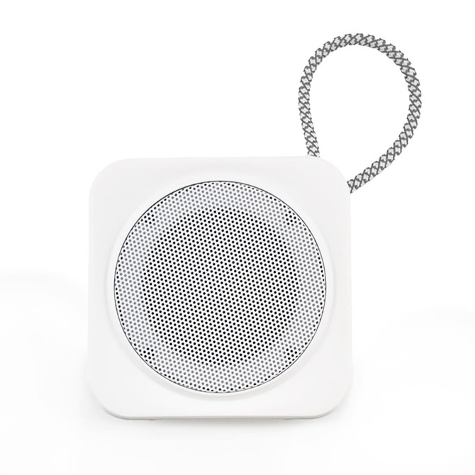 A white portable speaker with a metallic mesh grille and a wire loop for hanging.