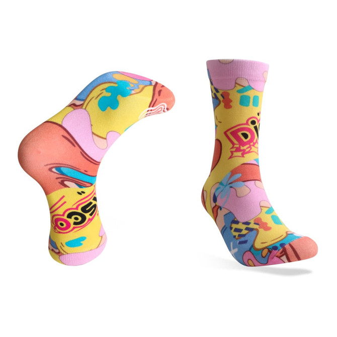 Brightly coloured digital printed socks featuring playful designs in pink, yellow, and blue. They include a logo.