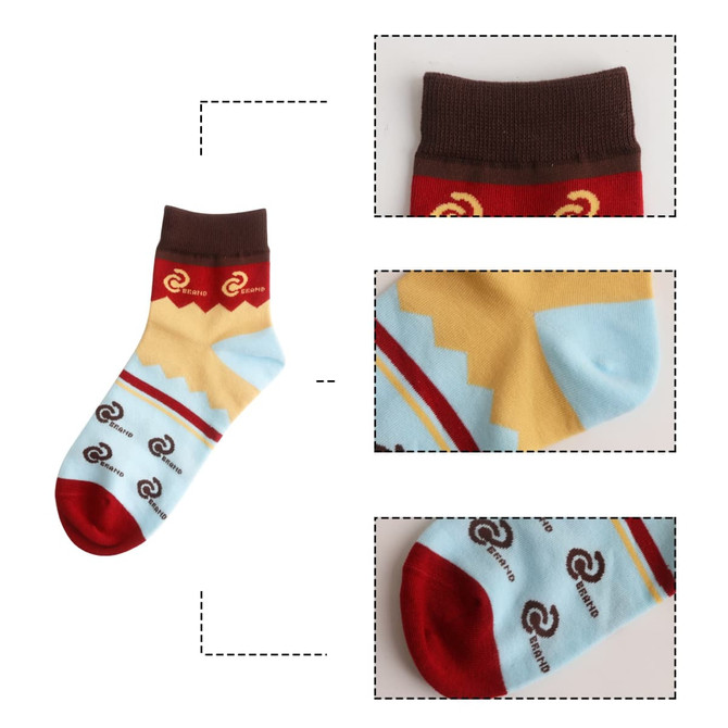 Ankle socks featuring a brown, cream, and blue pattern with red accents and a logo.