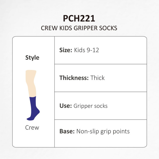 A pair of thick crew socks for kids in navy blue, featuring non-slip grip points and a logo.