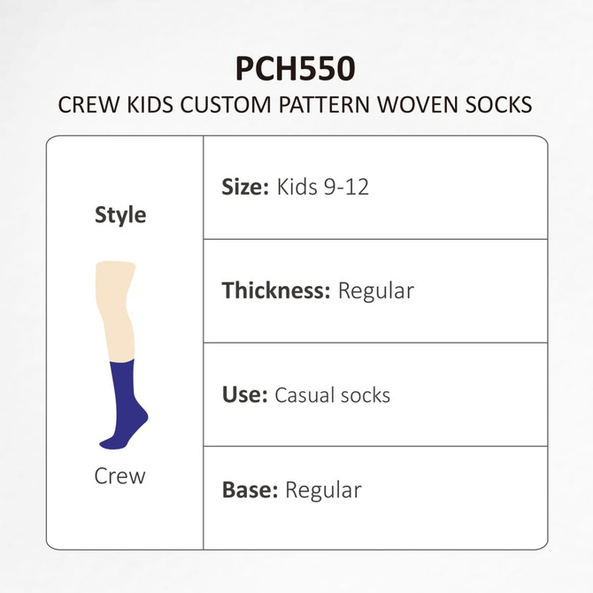 A pair of crew socks in navy blue, designed for kids aged 9-12, featuring a woven pattern.