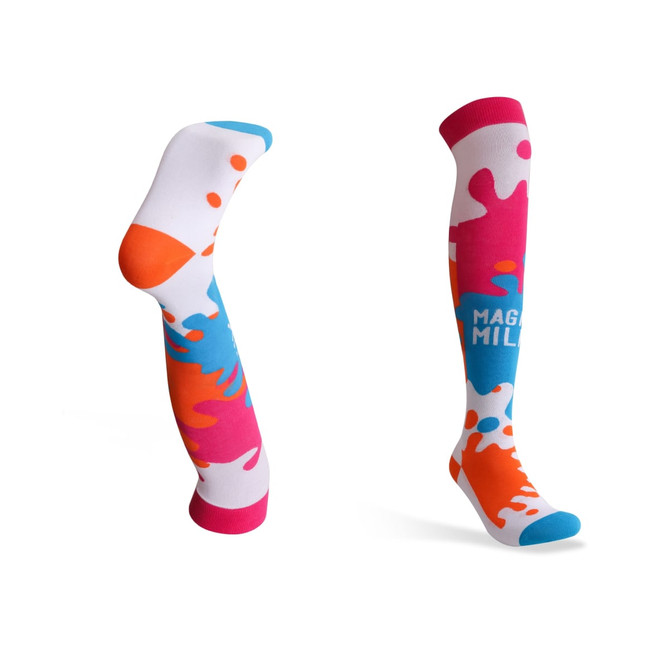 Knee high socks featuring a vibrant splash pattern in blue, pink, orange, and white, with a logo on one sock.