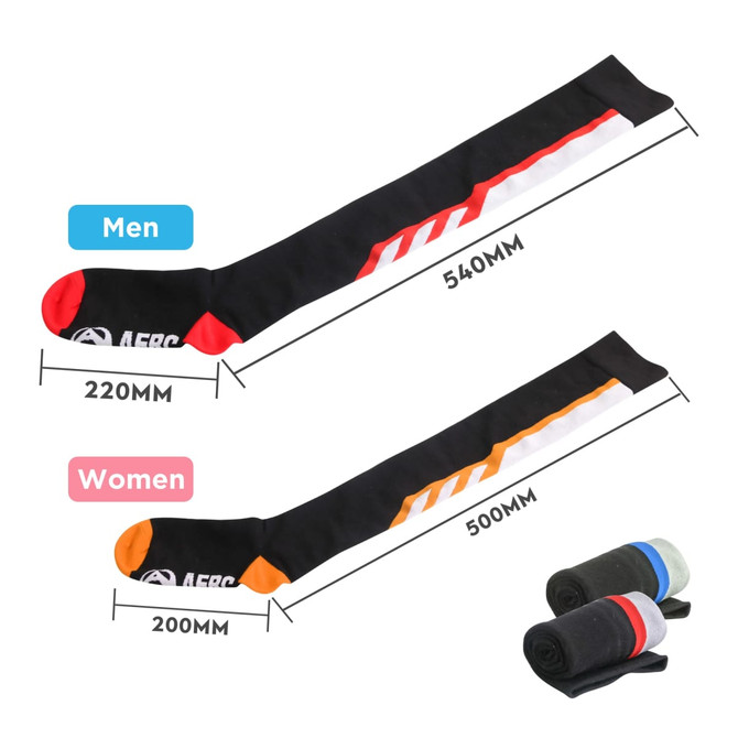 Knee high custom pattern socks in black with red and white accents, featuring different lengths for men and women.