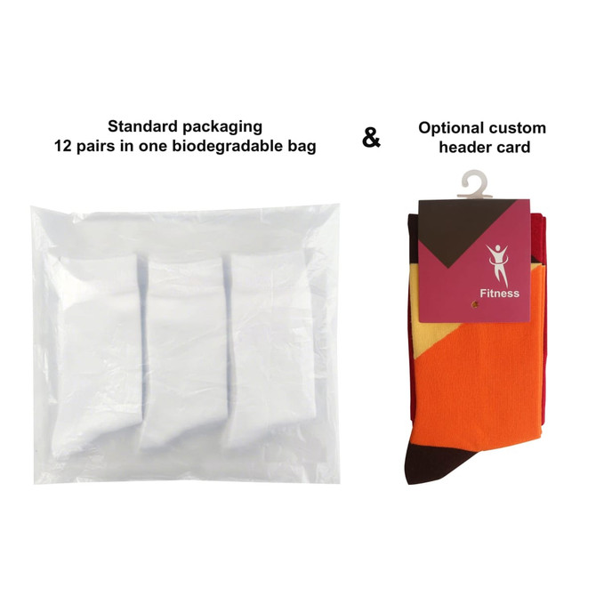 Mid calf custom pattern socks in vibrant orange and yellow, packaged in a biodegradable bag with an optional header card.