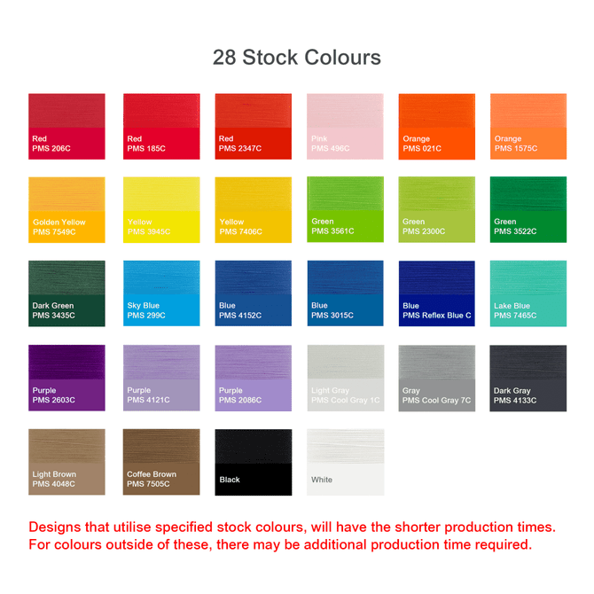 A selection of 28 stock colours for products, featuring shades like red, orange, green, blue, and black, with colour codes.
