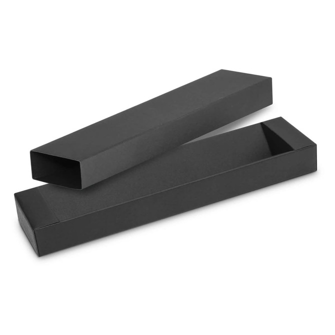 A black rectangular box with a lid, designed for packaging. The box is split open, revealing its interior.