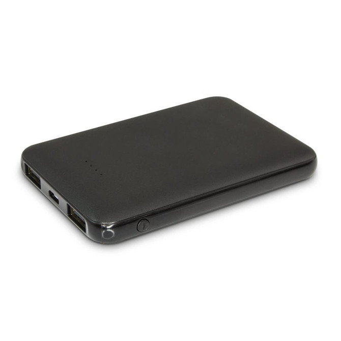 A black power bank featuring two USB ports, a charging input, and a power button, with a logo on the surface.