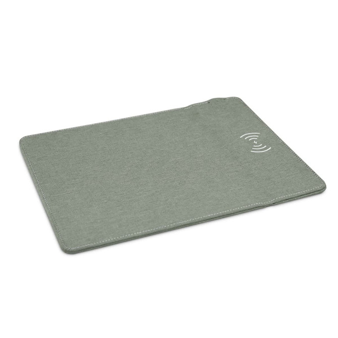 A green wireless charging mouse mat with a discreet logo in the corner, featuring a smooth surface and rounded edges.