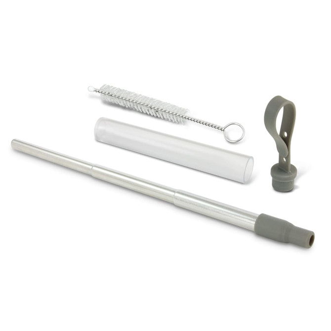 A telescopic straw in silver with a grey silicone tip, accompanied by a cleaning brush and a transparent case.