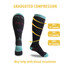A pair of black plus size compression socks with multicoloured designs and a teal cuff, featuring graduated compression markings.