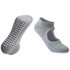Open top yoga socks in grey with a non-slip dotted sole and a rounded design. Features a logo on the side.
