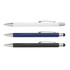 A set of three stylus pens in white, blue, and black, featuring silver accents and a logo.