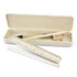 A pencil case in a natural beige colour containing a wooden pencil, a sharpener, a ruler, and a white tube.