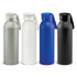 A drink bottle collection featuring silver, white, blue, and black bottles, each with a handle and a logo.