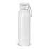 A drink bottle in a sleek white design with a clear cap and a removable strap. It features a logo on the side.