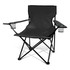 A black folding chair with a lightweight frame and drink holders on both armrests, featuring a simple design.