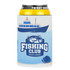 A neoprene stubby holder in blue featuring a fishing theme and a logo, designed for beverage cans.
