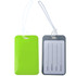 A green luggage tag with a transparent back displaying spaces for name, address, email, and phone number.