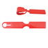 A set of red luggage tags featuring a loop design for attachment and a flat tag for identification.