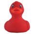 A bright red PVC bath duck with large eyes and a friendly expression, featuring a smooth surface and rounded shape.